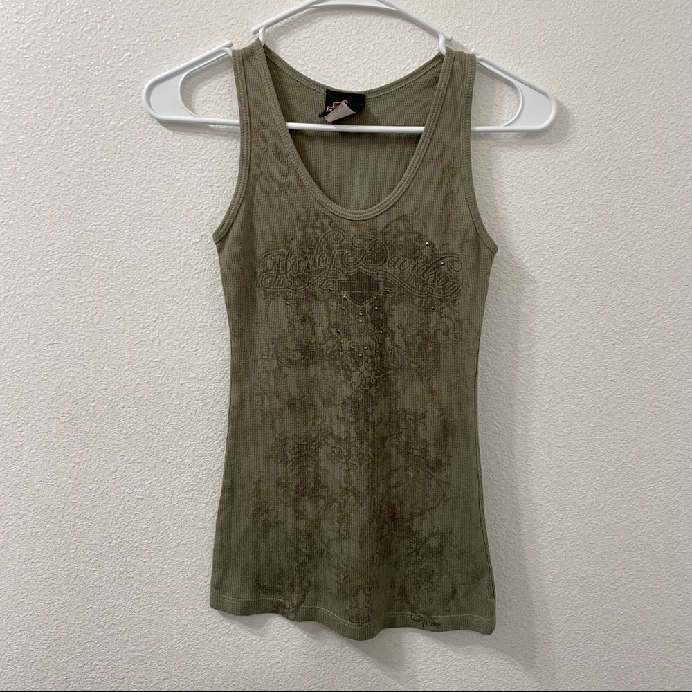 Harley-Davidson Olive Green Graphic Ribbed Tank Top